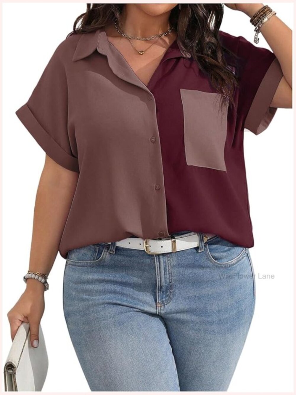 Plus Size Color Block Button Down Shirt Short Sleeve Work Office Top